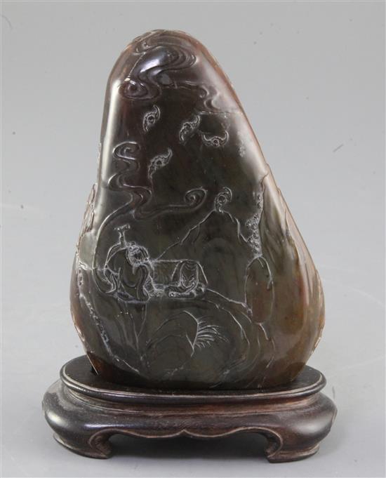 A Chinese soapstone bolder carving, probably Republic period, height 12.6cm, wood stand